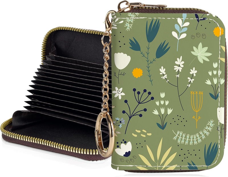 Luoycxy Credit Card Holder for Women,Small Rfid Wallet with Keychain Zipper,Cute PU Leather Card Case Wallet，Accordion Credit Card Wallets Gift,Green Grass White Flowers - Image 1